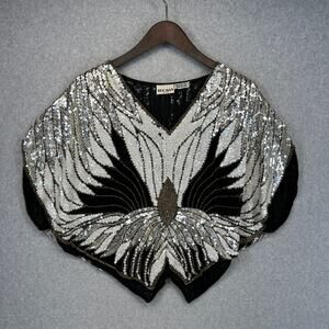 VTG 80s Shomax Newyork Blouse Top Womens Large Black Butterfly Sequins Silk
